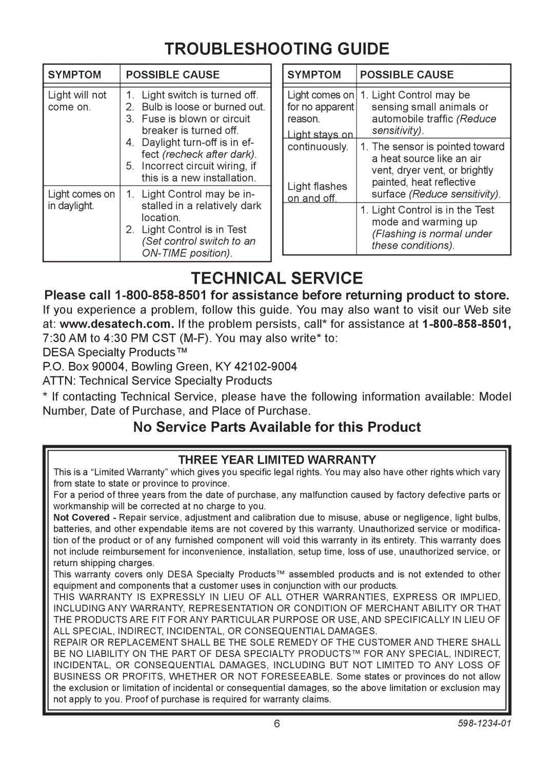 Desa 4291 warranty Troubleshooting Guide, Technical Service, No Service Parts Available for this Product 