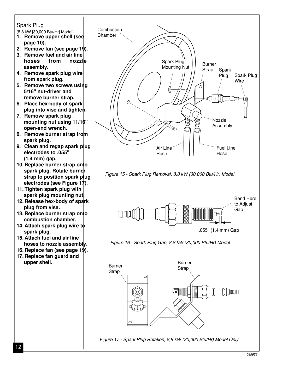 Desa 4 (90, 44 kW (150, 8 (30, 5 (70, 20, 26, 000 Btu/Hr) owner manual Spark Plug Removal, 8,8 kW 30,000 Btu/Hr Model 