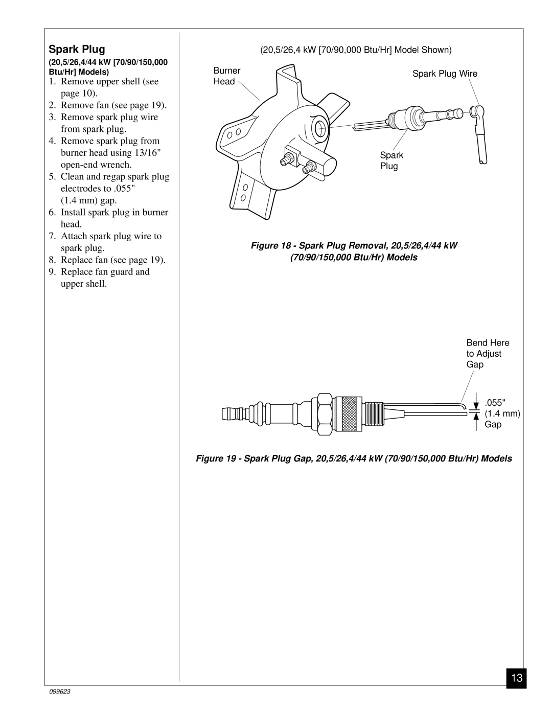 Desa 44 kW (150, 8 (30, 5 (70, 4 (90, 000 Btu/Hr) owner manual Spark Plug Gap, 20,5/26,4/44 kW 70/90/150,000 Btu/Hr Models 