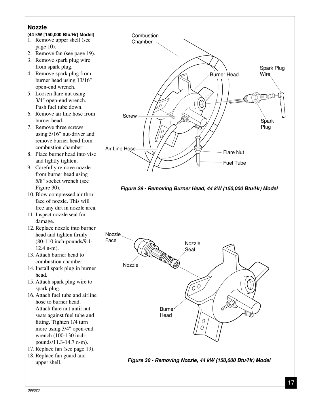 Desa 8 (30, 44 kW (150, 5 (70, 4 (90, 20, 26, 000 Btu/Hr) owner manual Removing Burner Head, 44 kW 150,000 Btu/Hr Model 