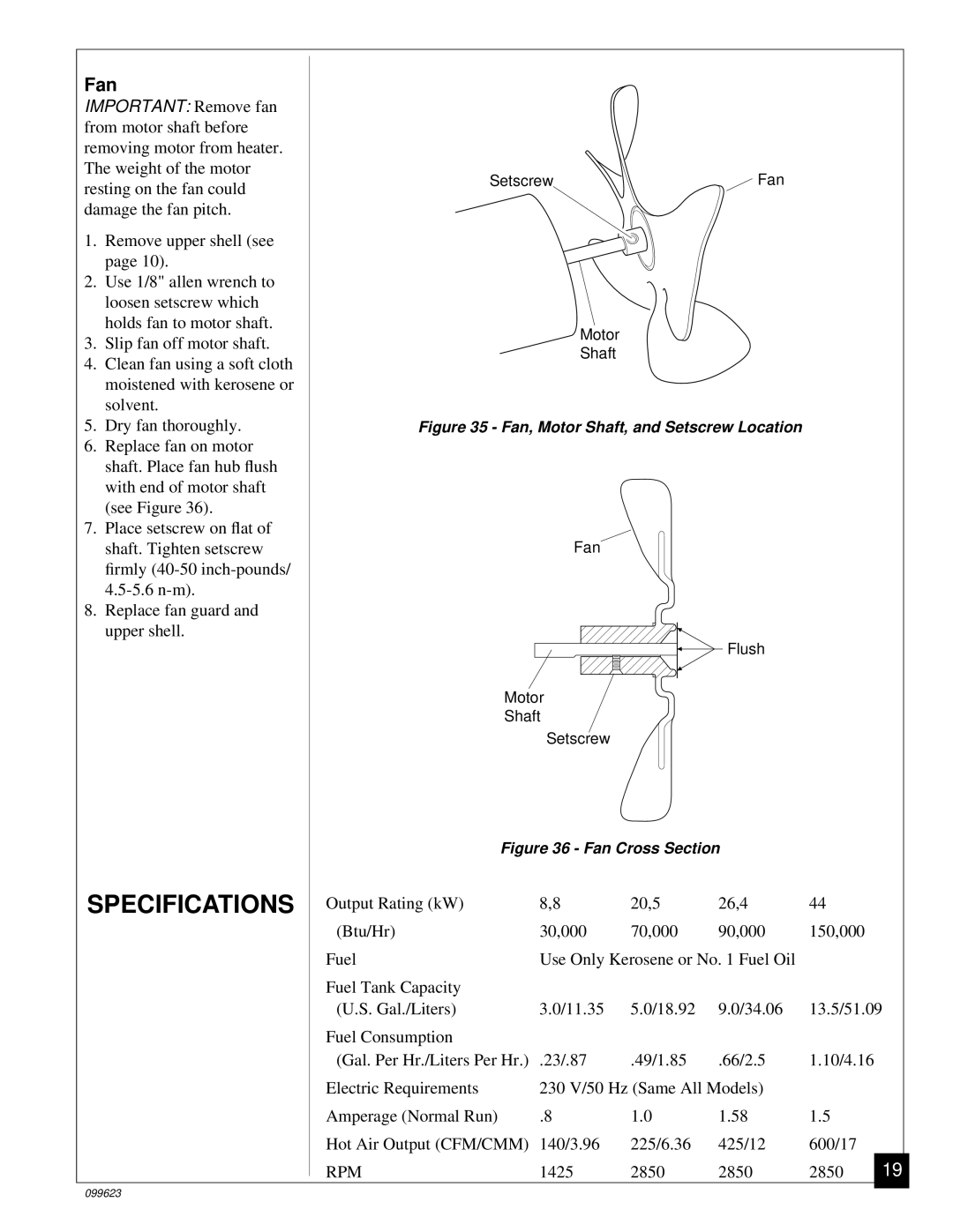 Desa 44 kW (150, 8 (30, 5 (70, 4 (90, 20, 26, 000 Btu/Hr) owner manual Specifications, Fan 