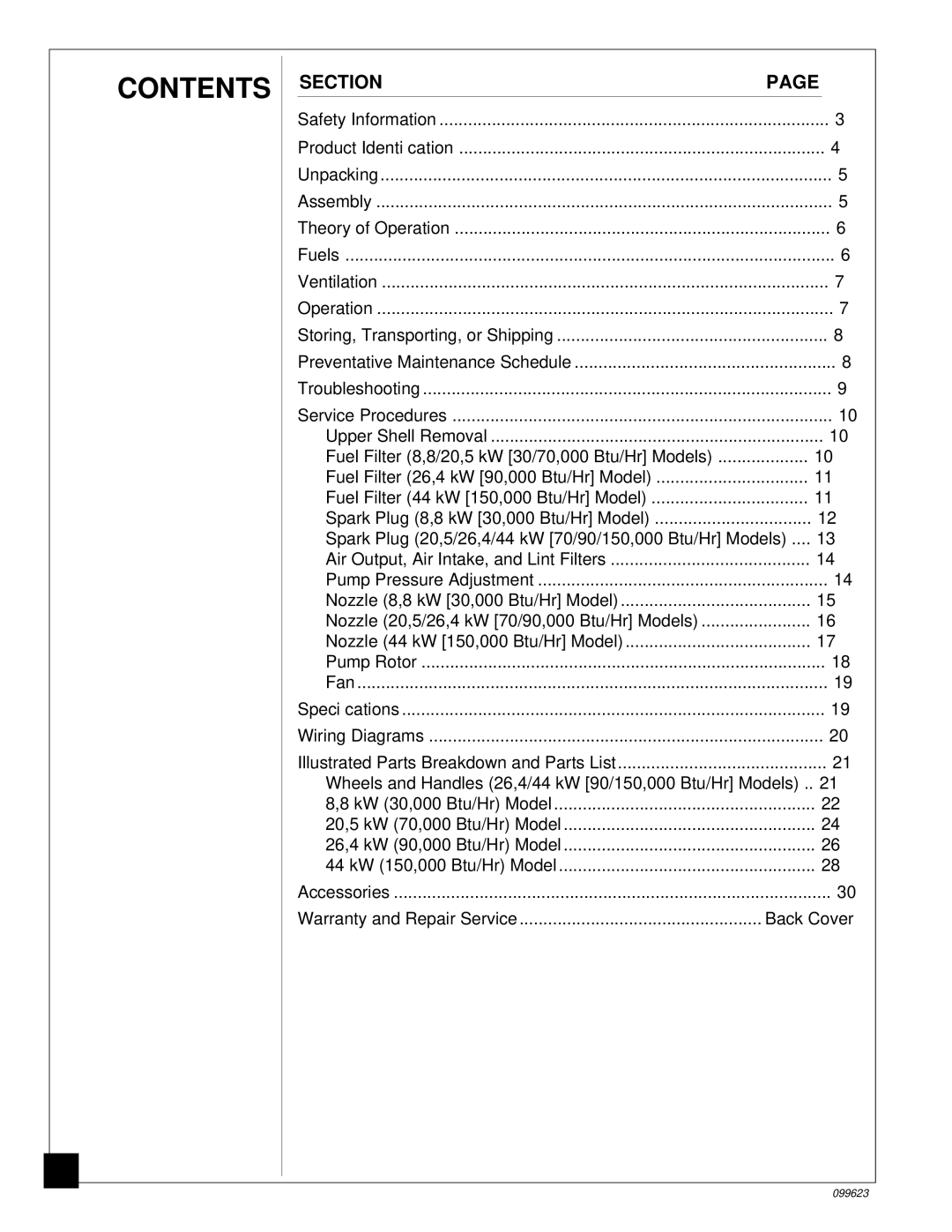 Desa 5 (70, 44 kW (150, 8 (30, 4 (90, 20, 26, 000 Btu/Hr) owner manual Contents 