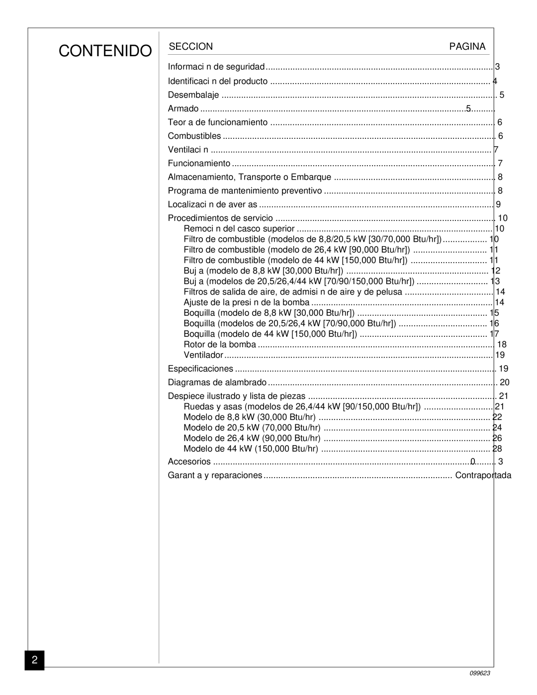 Desa 5 (70, 44 kW (150, 8 (30, 4 (90, 20, 26, 000 Btu/Hr) owner manual Contenido, Seccion Pagina 