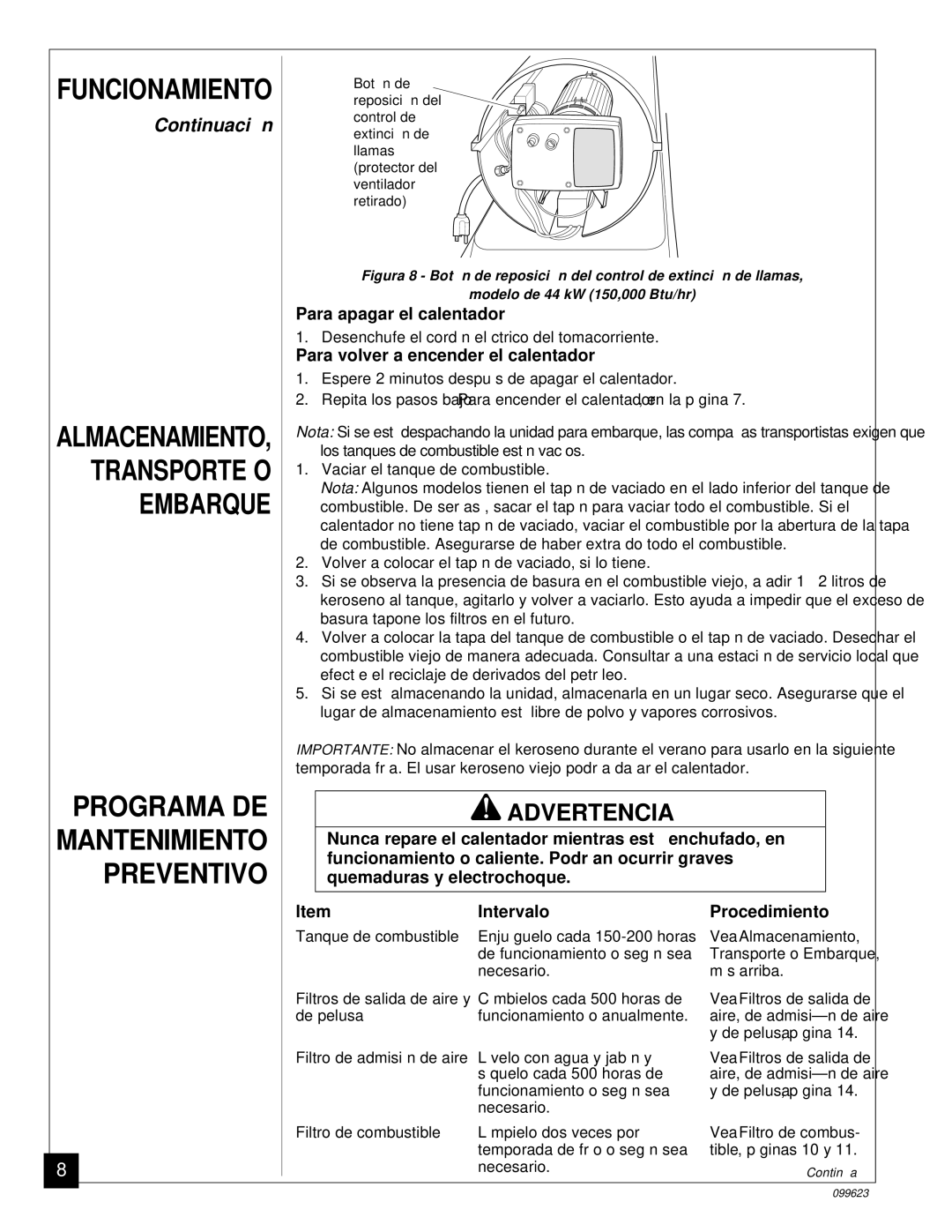 Desa 44 kW (150, 8 (30, 5 (70, 4 (90, 20, 26 Para apagar el calentador, Para volver a encender el calentador, Procedimiento 