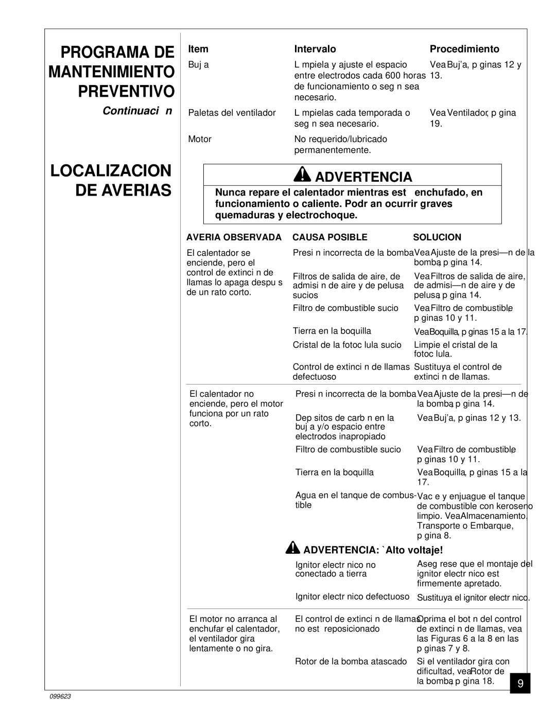 Desa 8 (30, 44 kW (150, 5 (70, 4 (90, 20, 26, 000 Btu/Hr) owner manual Intervalo Procedimiento, Advertencia ¡Alto voltaje 