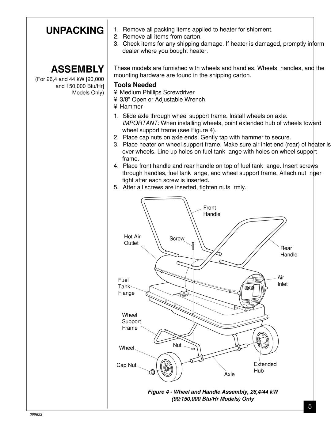 Desa 20, 44 kW (150, 8 (30, 5 (70, 4 (90, 26, 000 Btu/Hr) owner manual Unpacking Assembly, Tools Needed 