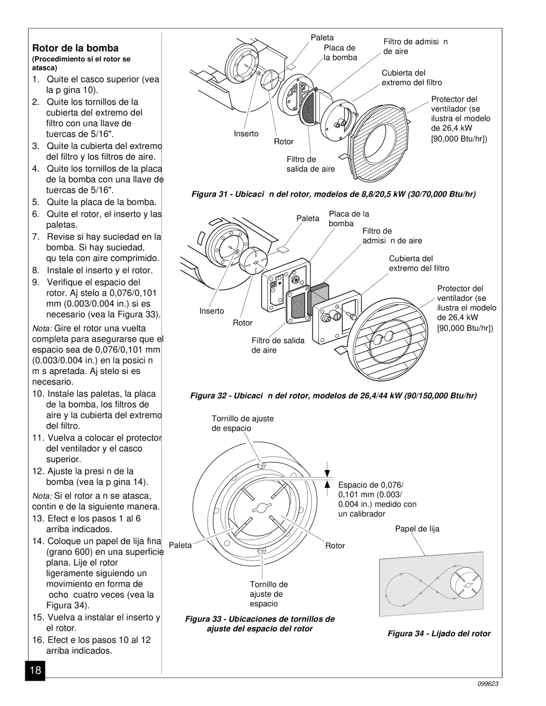 Desa 5 (70, 44 kW (150, 8 (30, 4 (90, 20, 26, 000 Btu/Hr) owner manual Rotor de la bomba, Figura 