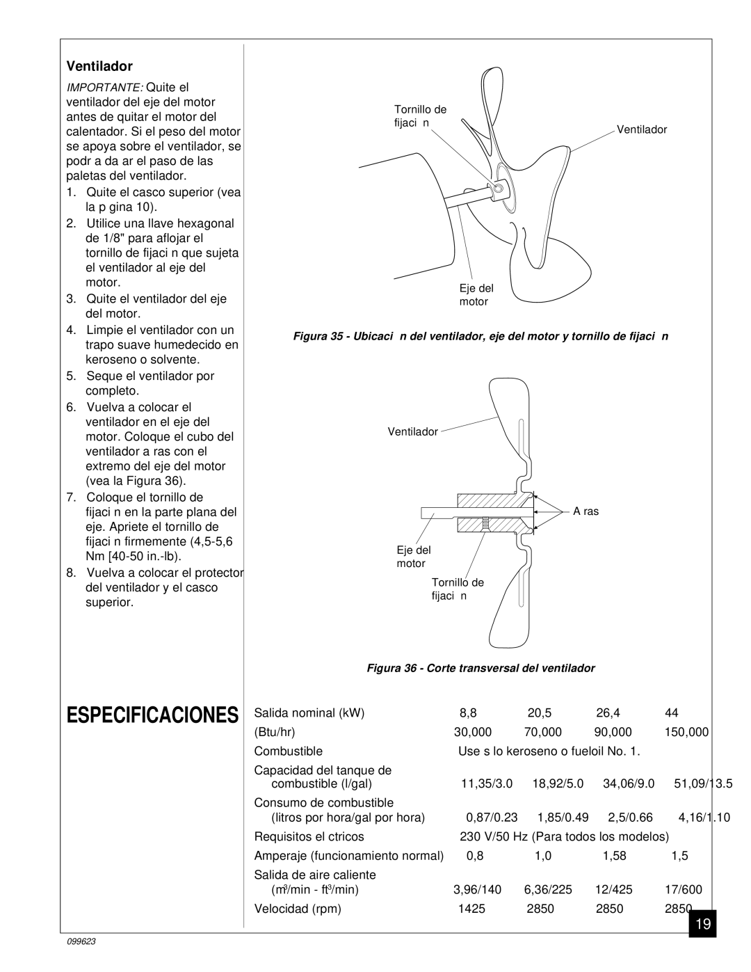 Desa 44 kW (150, 8 (30, 5 (70, 4 (90, 20, 26, 000 Btu/Hr) owner manual Especificaciones, Ventilador 