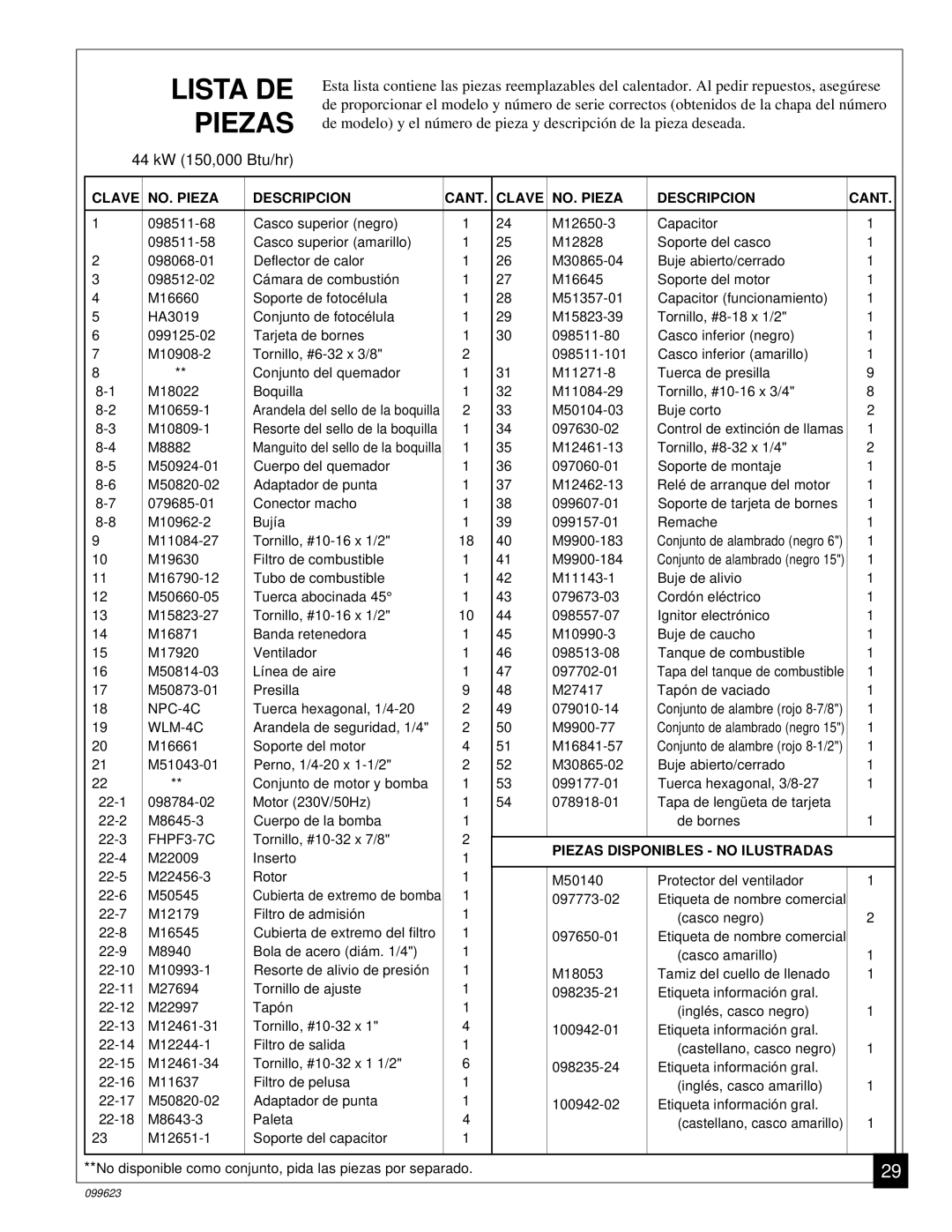 Desa 20, 44 kW (150, 8 (30, 5 (70, 4 (90, 26, 000 Btu/Hr) owner manual M50104-03 Buje corto M10809-1 