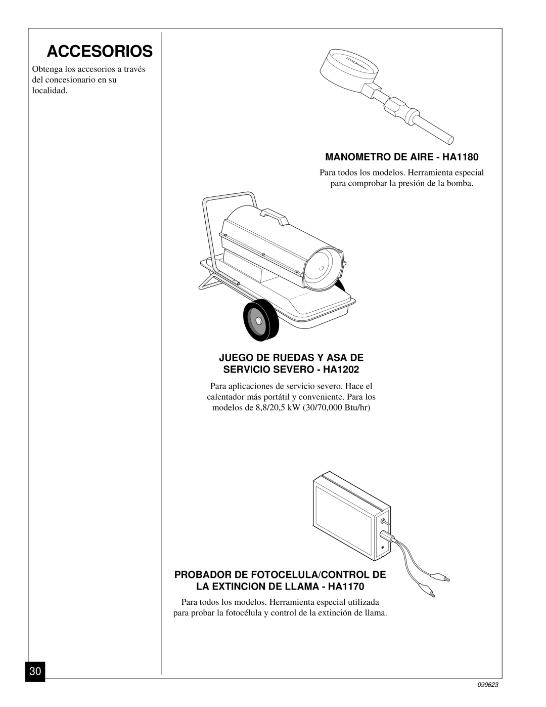 Desa 26, 44 kW (150, 8 (30, 5 (70, 4 (90, 000 Btu/Hr) owner manual Accesorios, Juego DE Ruedas Y ASA DE Servicio Severo HA1202 
