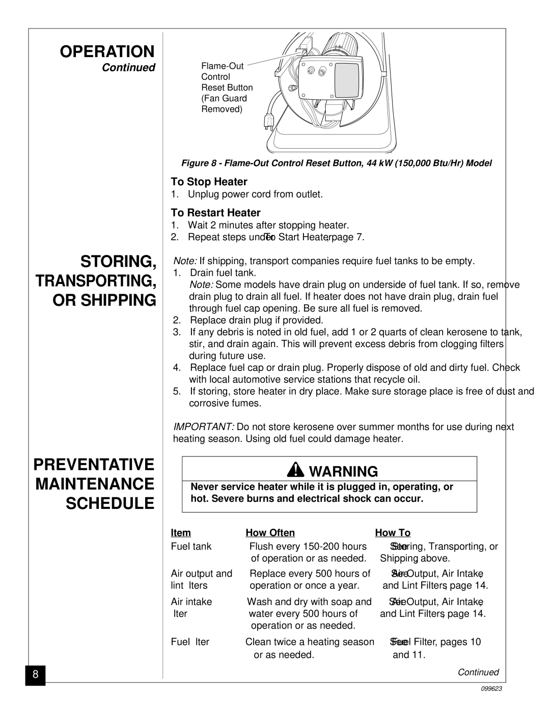 Desa 44 kW (150, 8 (30, 5 (70, 4 (90 Operation Storing, Preventative Maintenance Schedule, To Stop Heater, To Restart Heater 