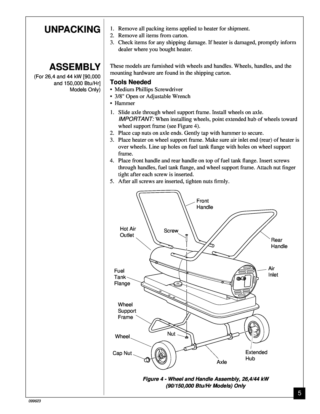 Desa 20, 44 kW (150, 8 (30, 5 (70, 4 (90, 26, 000 Btu/Hr) owner manual Unpacking Assembly, Tools Needed 
