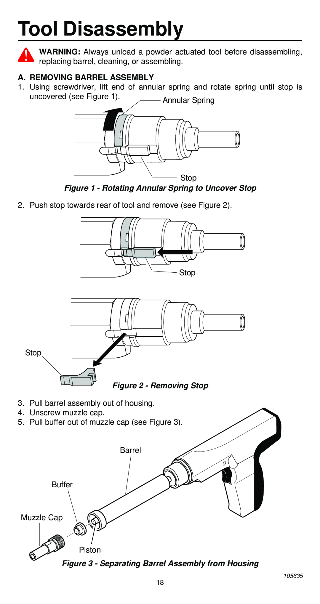 Desa 496 operating instructions Tool Disassembly, Removing Barrel Assembly 