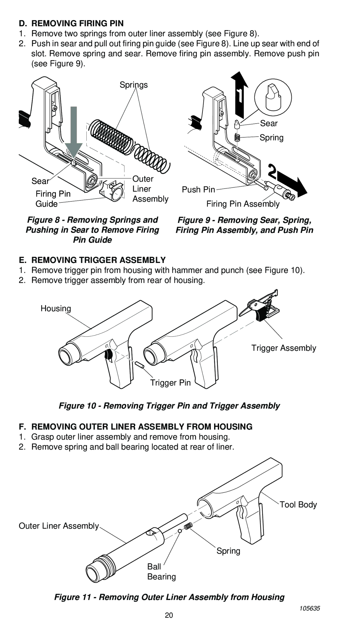 Desa 496 operating instructions Removing Firing PIN, Removing Trigger Assembly, Removing Outer Liner Assembly from Housing 
