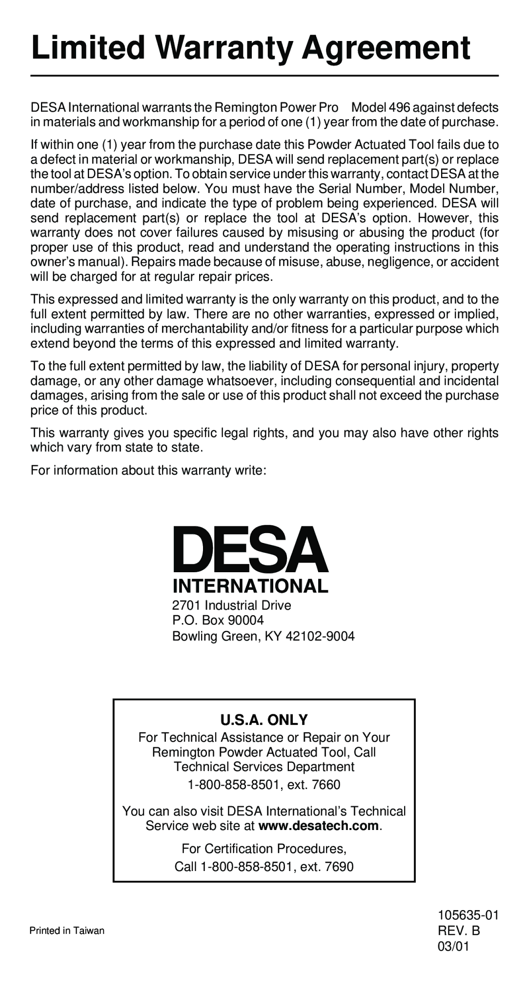 Desa 496 operating instructions Limited Warranty Agreement, A. only 
