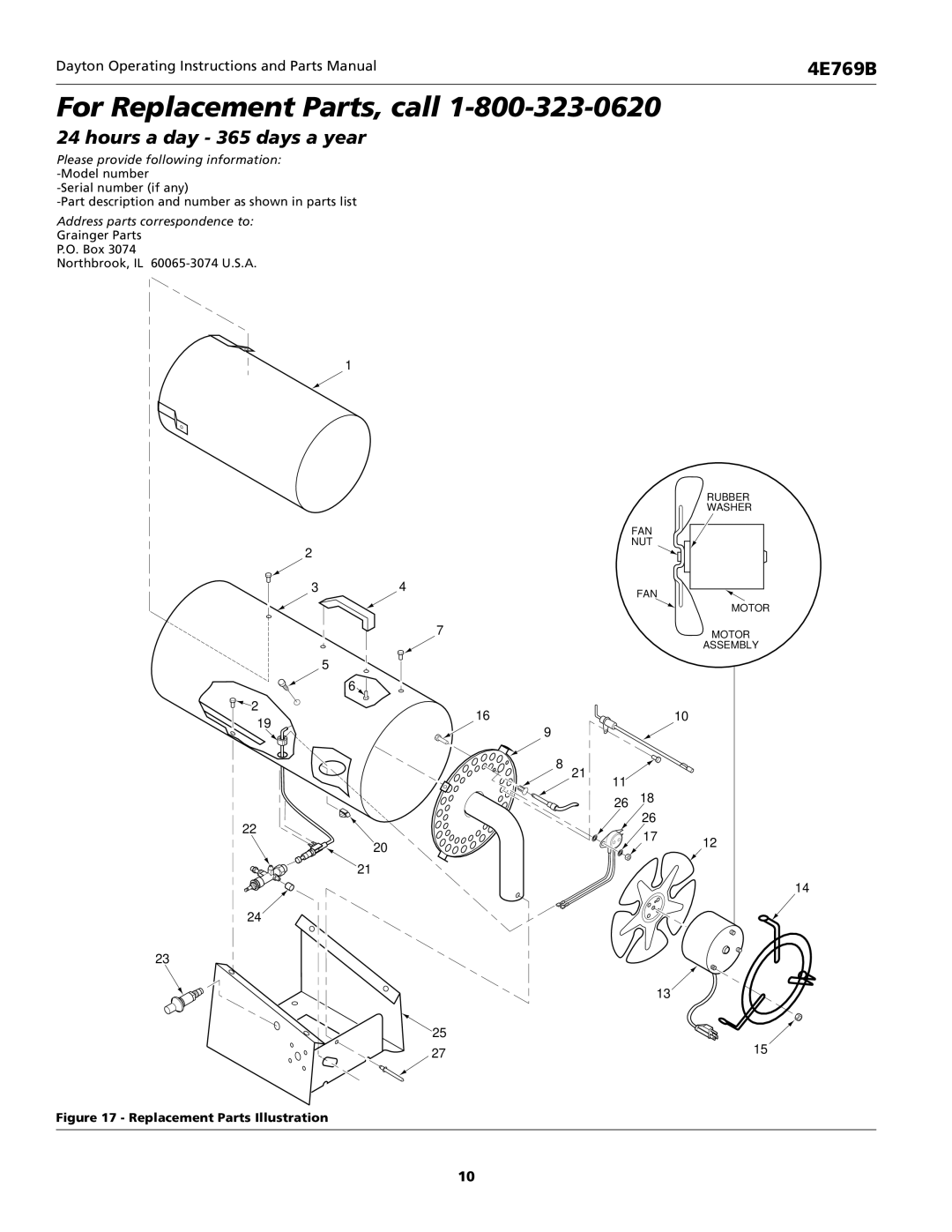 Desa 4E769B operating instructions For Replacement Parts, call 