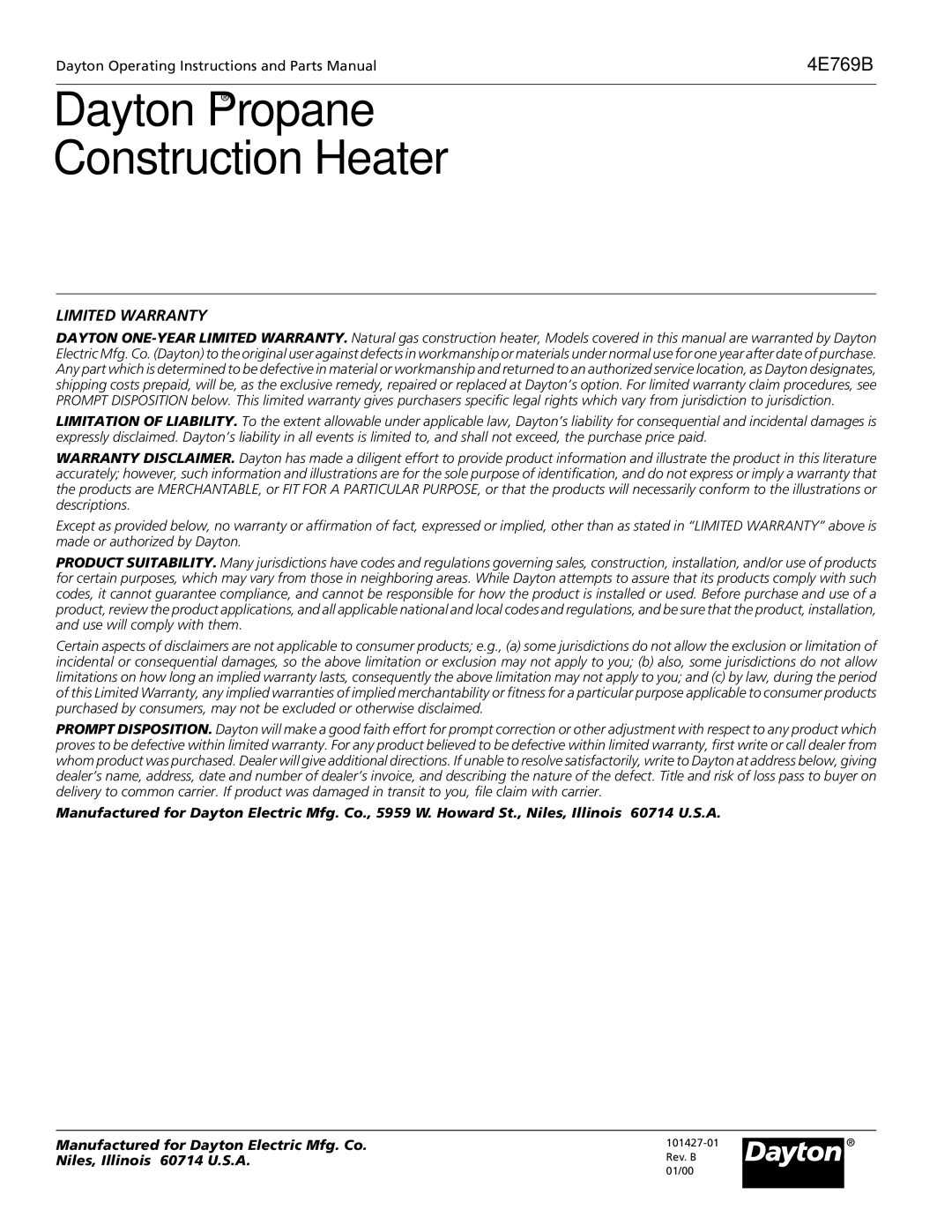 Desa 4E769B operating instructions Limited Warranty 