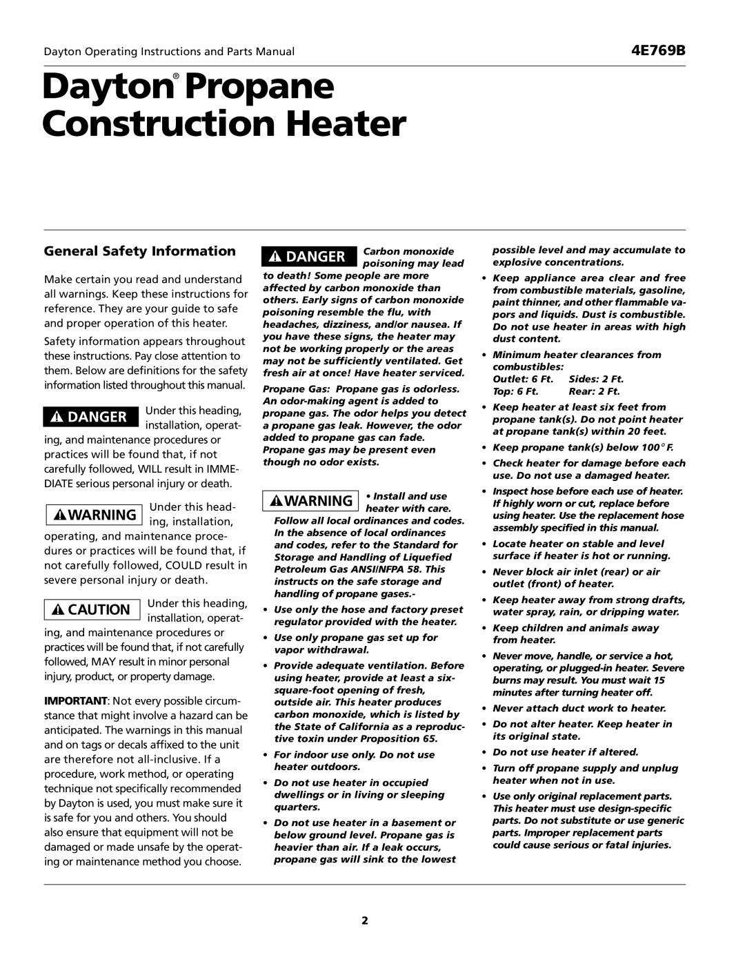 Desa 4E769B operating instructions Dayton Propane Construction Heater, General Safety Information 