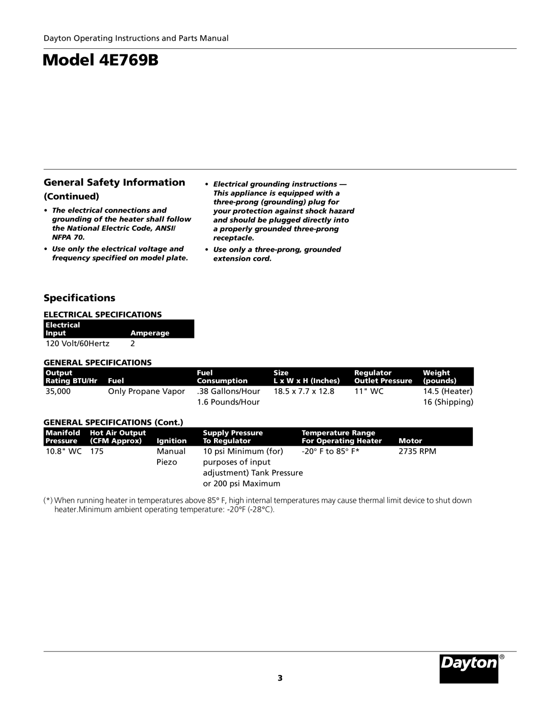 Desa 4E769B operating instructions Electrical Specifications 