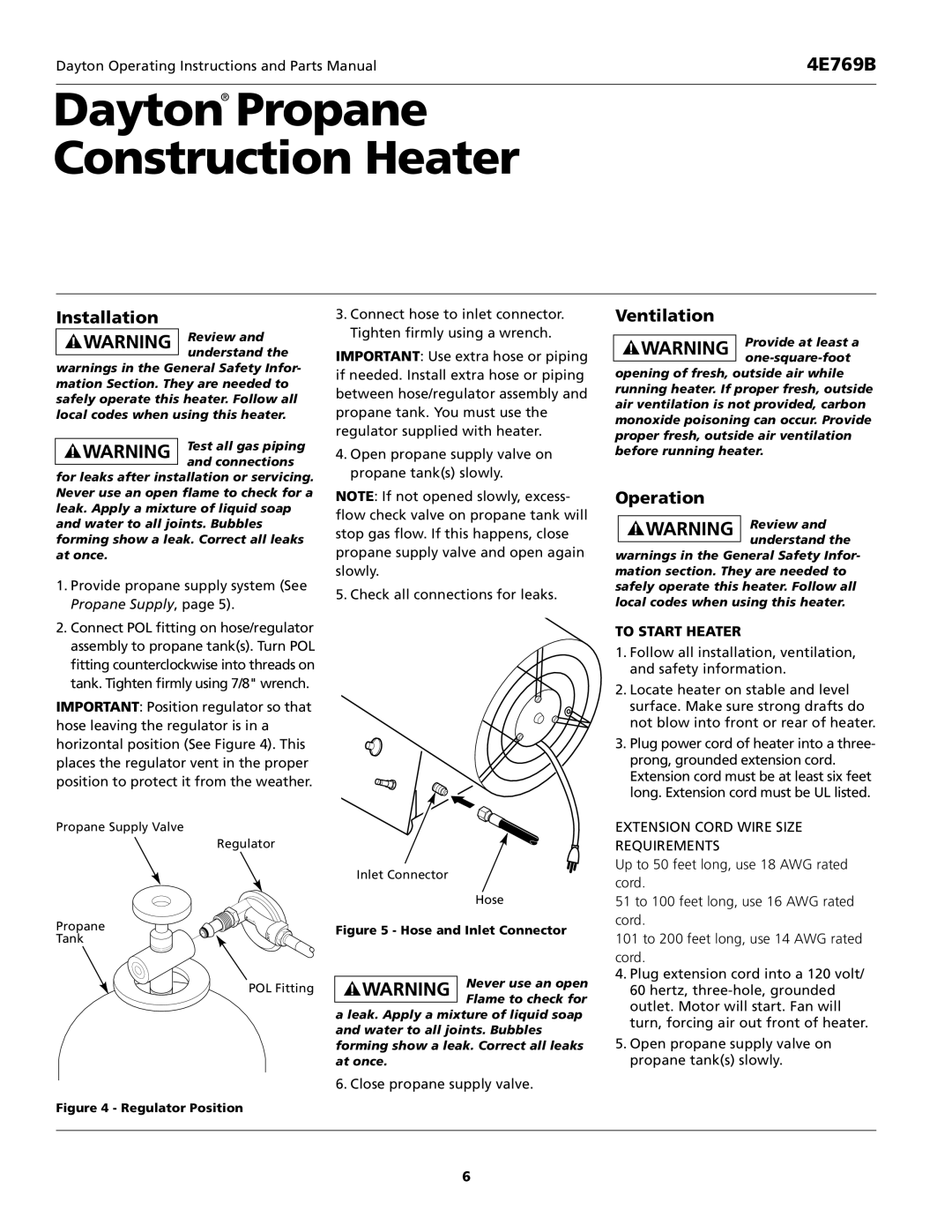 Desa 4E769B operating instructions Installation, Ventilation, Operation, To Start Heater 