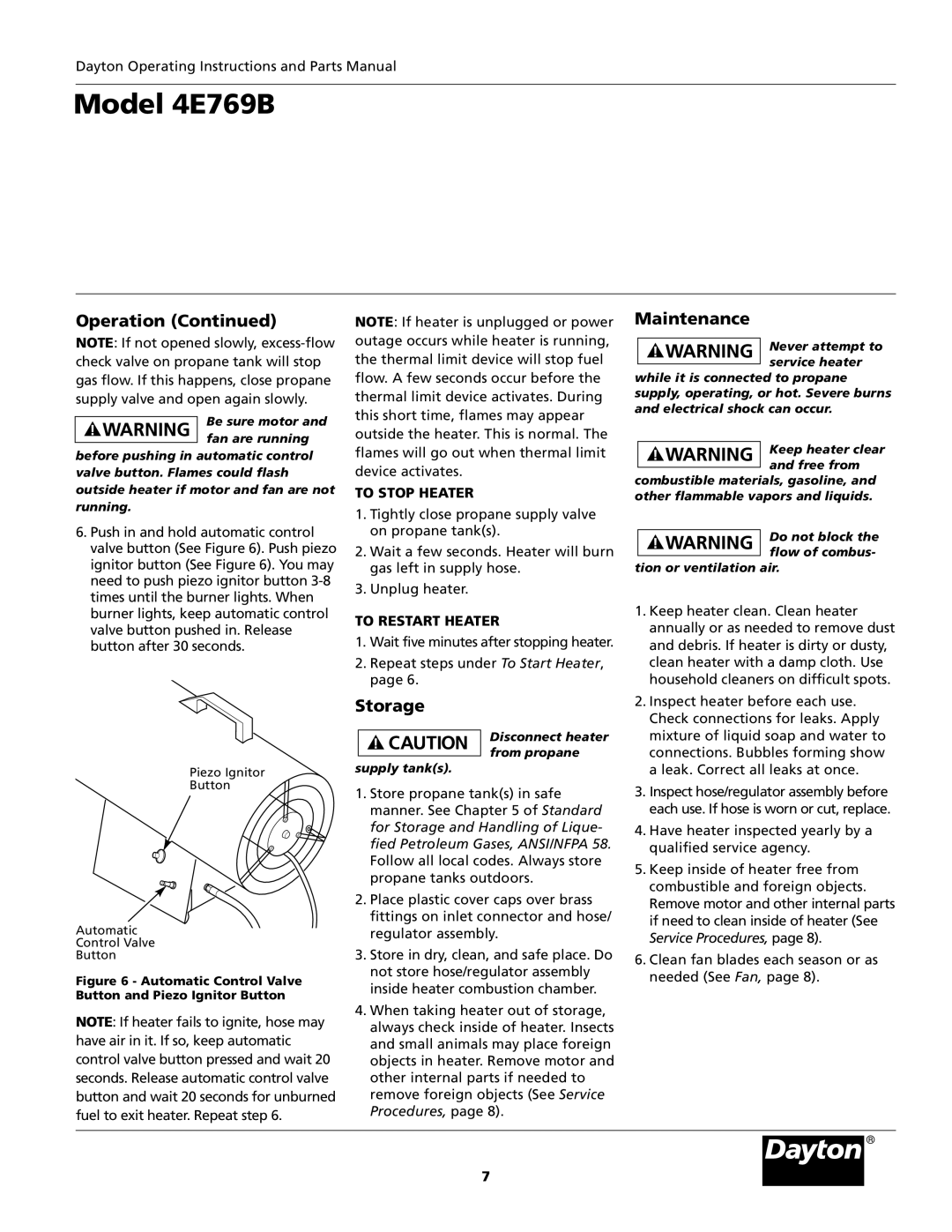 Desa 4E769B operating instructions Maintenance, Storage, To Stop Heater, To Restart Heater 