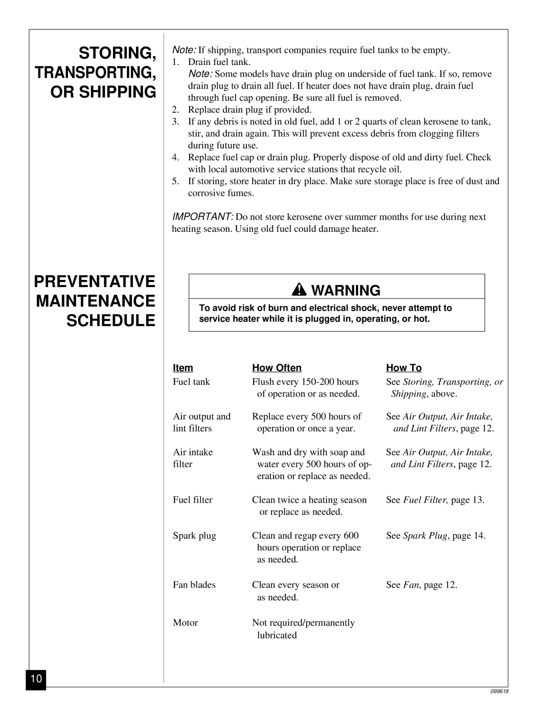 Desa 50 owner manual Storing, Or Shipping, Preventative Maintenance, Schedule 