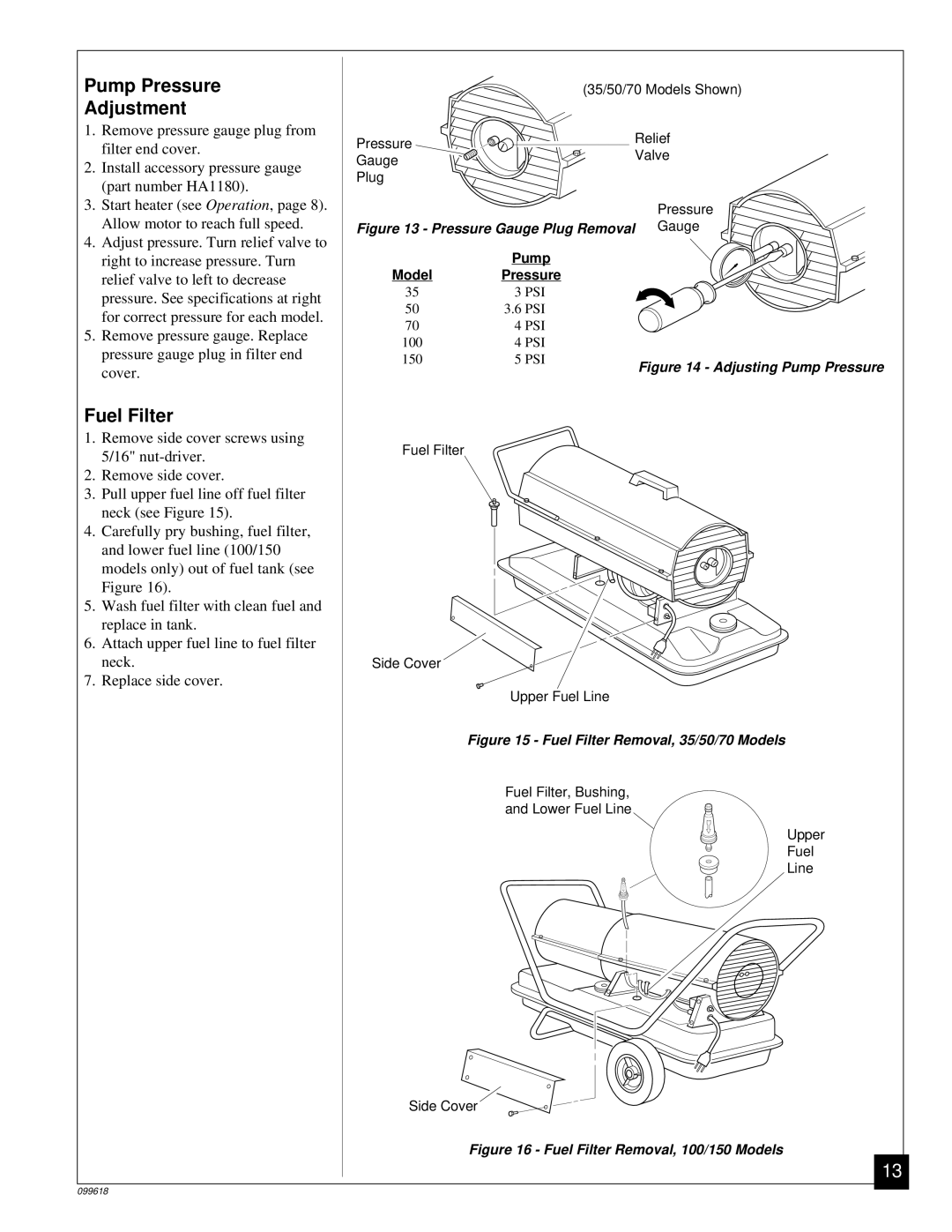 Desa 50 owner manual Pump Pressure Adjustment, Fuel Filter 