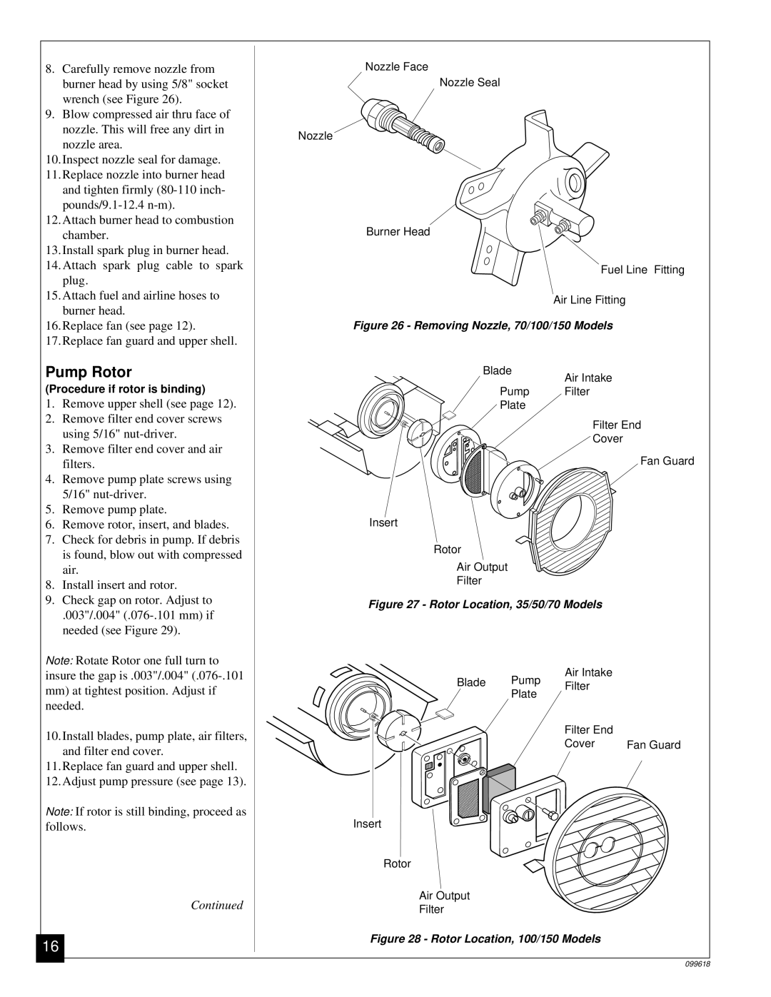 Desa owner manual Pump Rotor, Removing Nozzle, 70/100/150 Models 