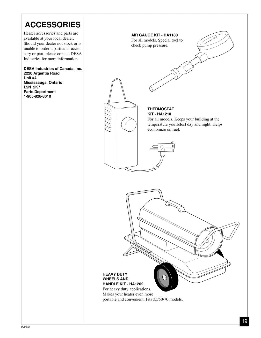 Desa 50 owner manual Accessories, KIT HA1210 