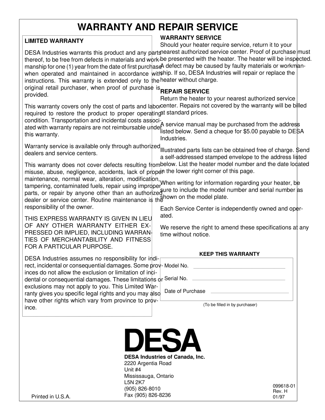 Desa 50 owner manual Warranty and Repair Service, Limited Warranty 