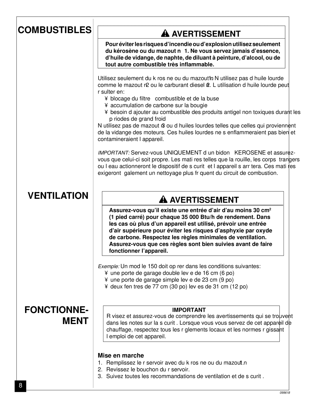 Desa 50 owner manual Combustibles, Fonctionne Ment, Mise en marche 