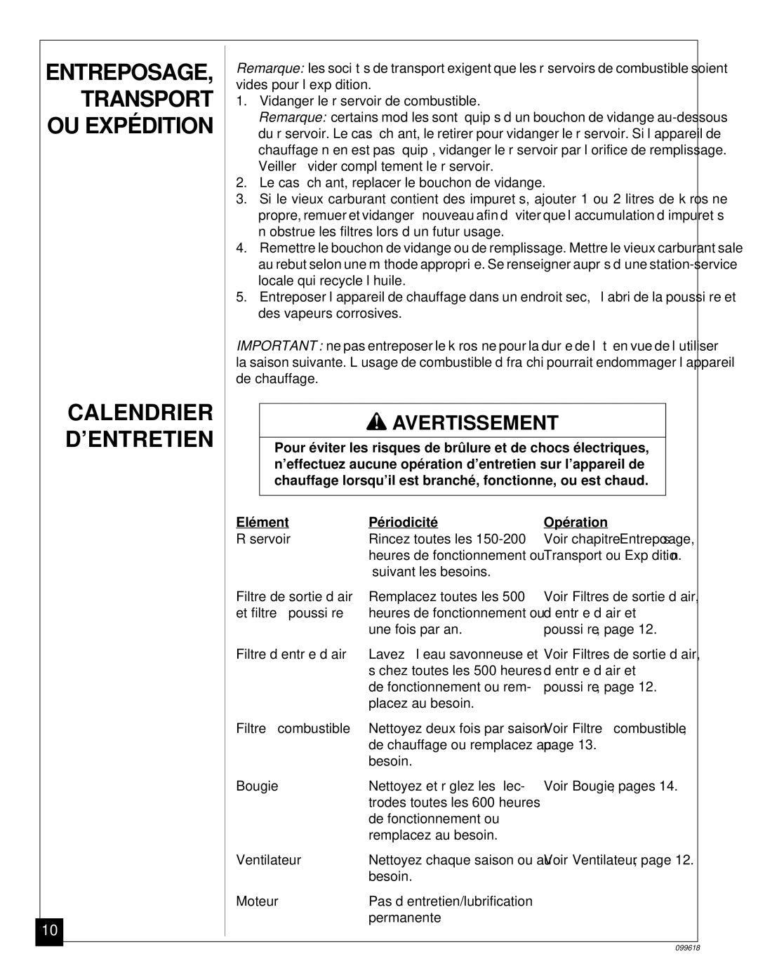 Desa 50 owner manual Transport, Calendrier, ’Entretien 