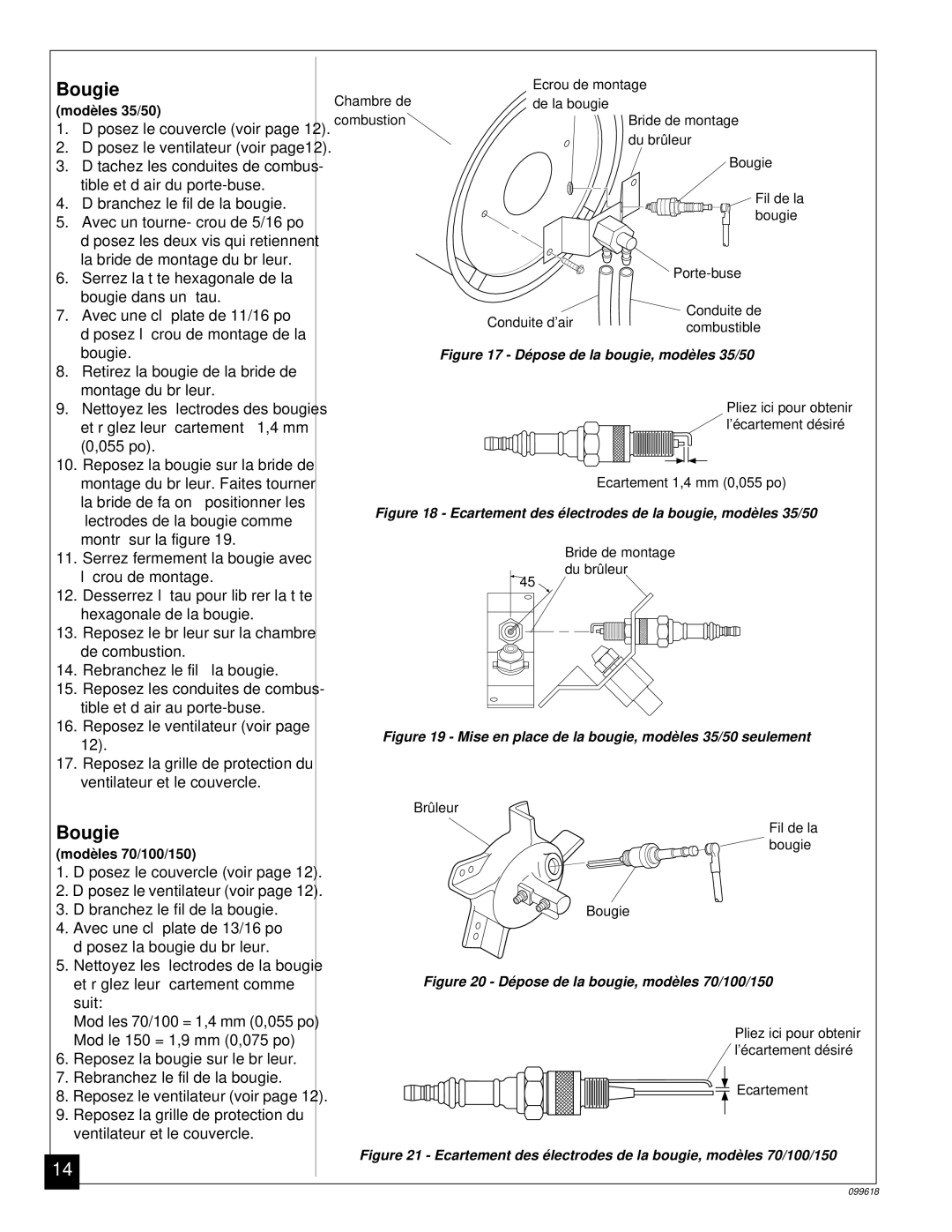 Desa owner manual Bougie, Dépose de la bougie, modèles 35/50 