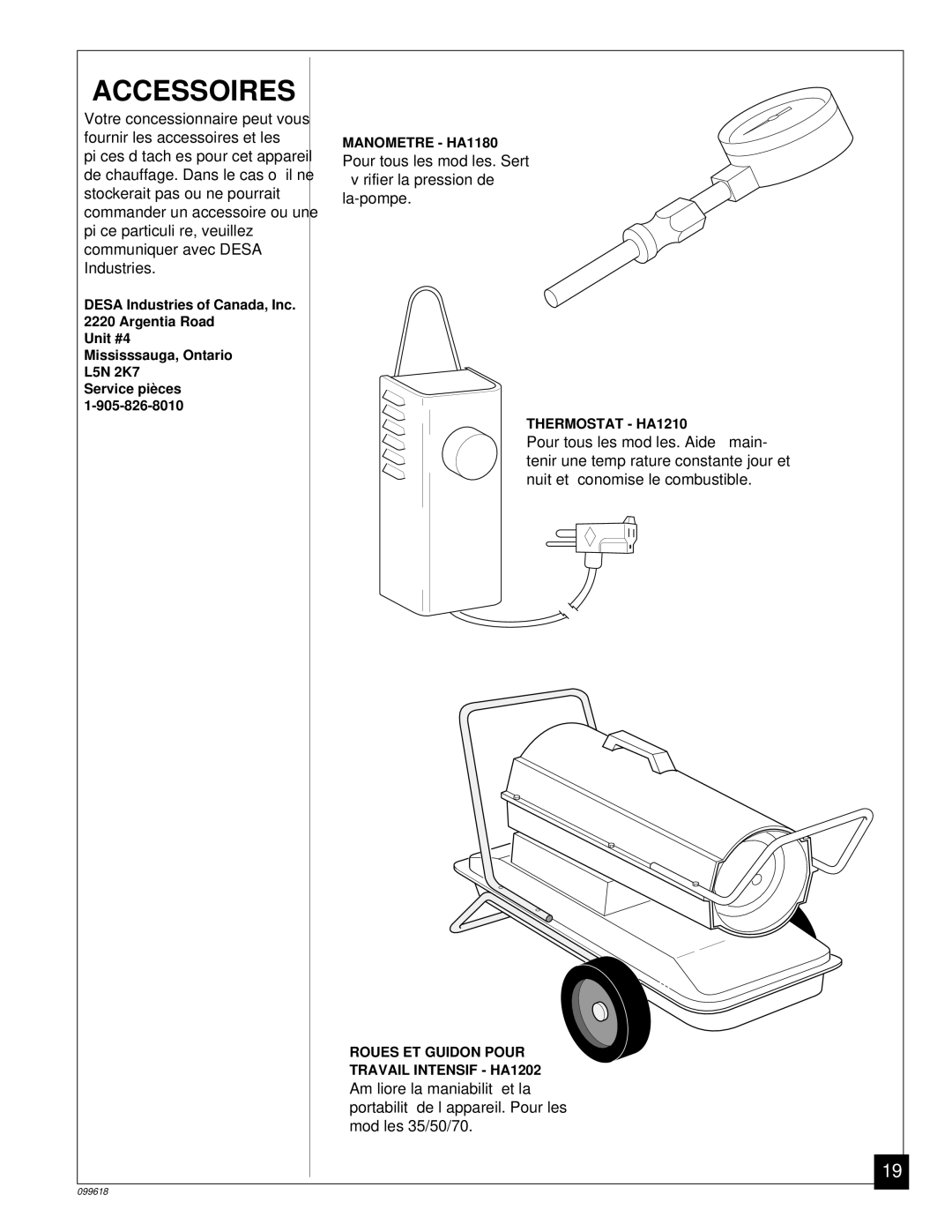 Desa 50 owner manual Accessoires, Manometre HA1180 