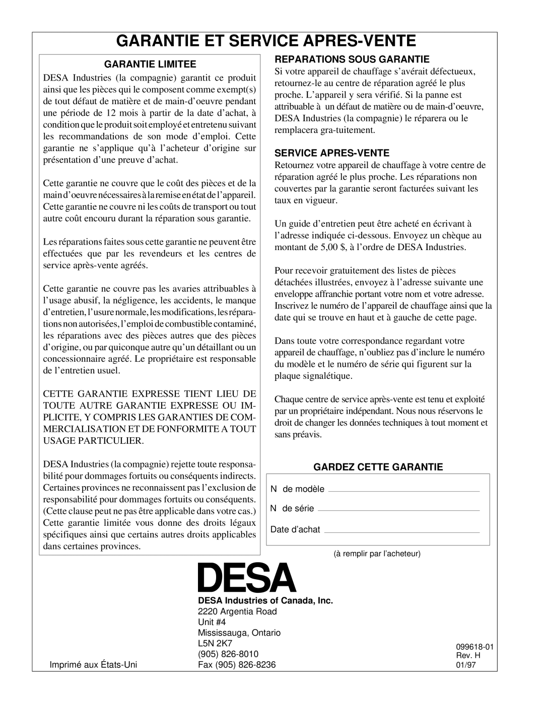 Desa 50 owner manual Garantie ET Service APRES-VENTE, Garantie Limitee 