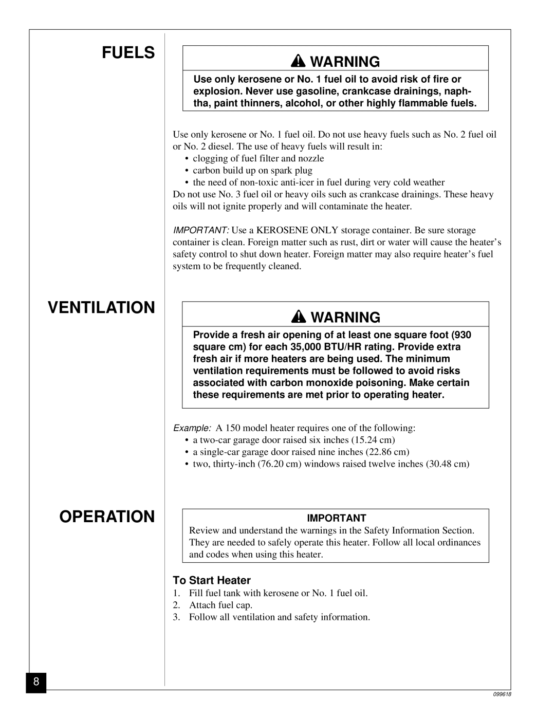 Desa 50 owner manual Fuels Ventilation Operation, To Start Heater 