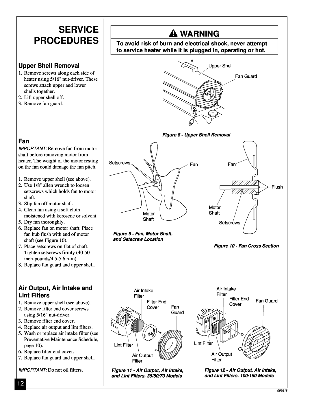 Desa 50 owner manual Service, Procedures, IMPORTANT Remove fan from motor, shaft before removing motor from 