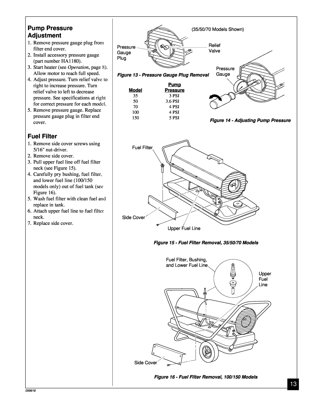 Desa 50 owner manual Pump Pressure Adjustment, Fuel Filter 