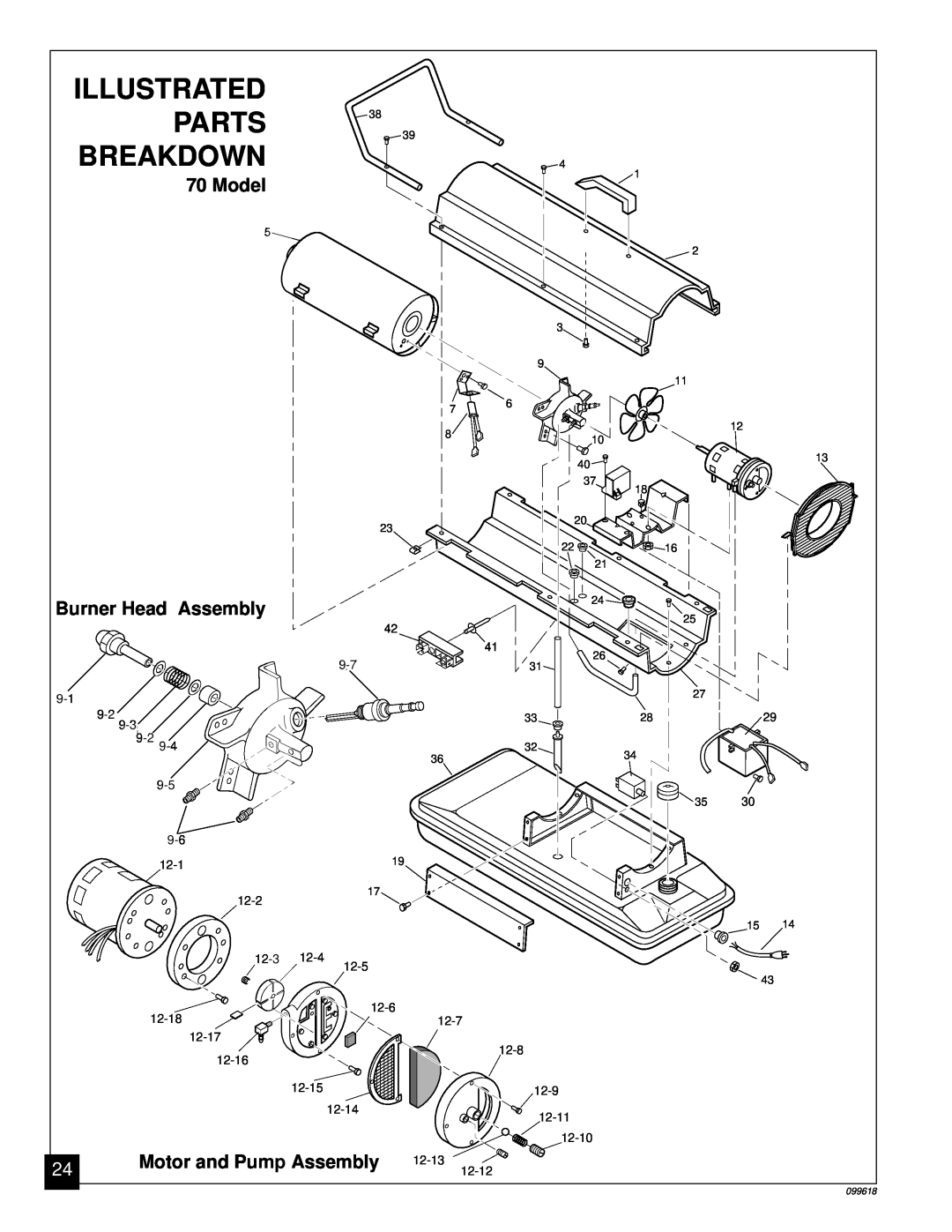 Desa 50 owner manual Illustrated, Parts, Breakdown, Model, Burner Head Assembly, Motor and Pump Assembly 