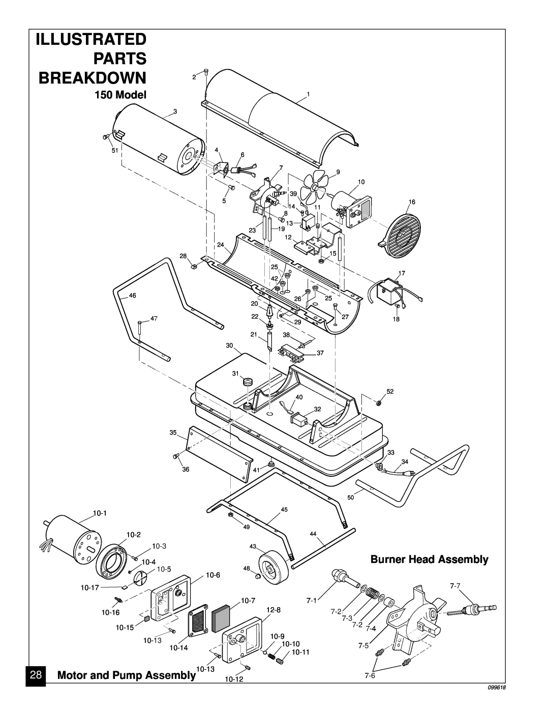 Desa 50 owner manual Illustrated, Parts, Breakdown, Model, Burner Head Assembly, Motor and Pump Assembly10-13 