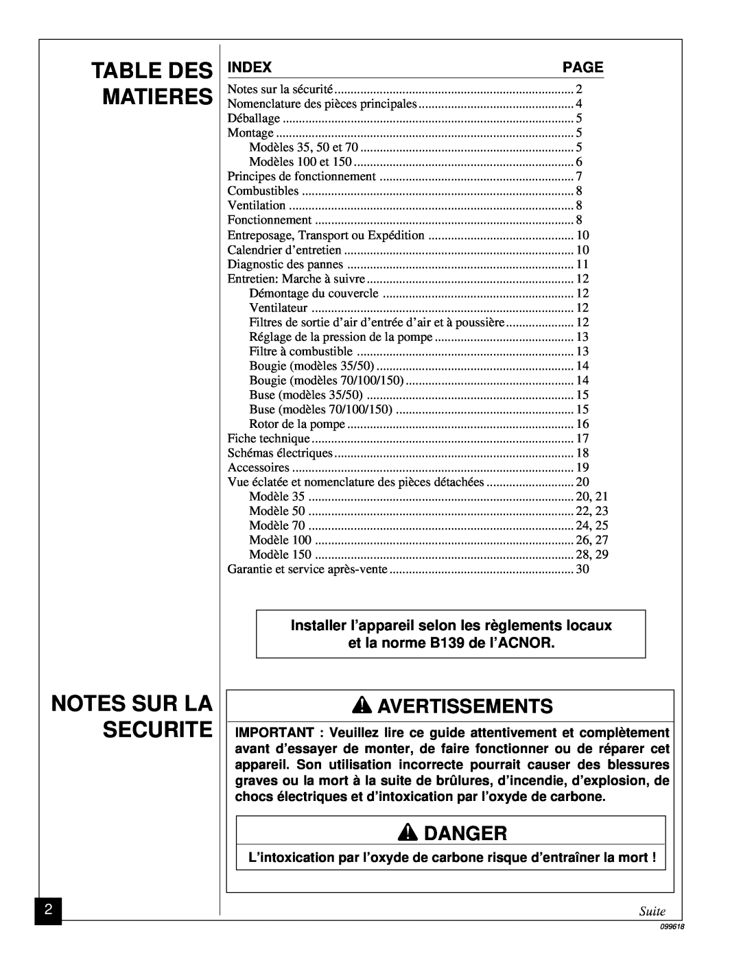 Desa 50 owner manual Matieres, Notes Sur La, Securite, Table Des, Avertissements, Danger, Suite 