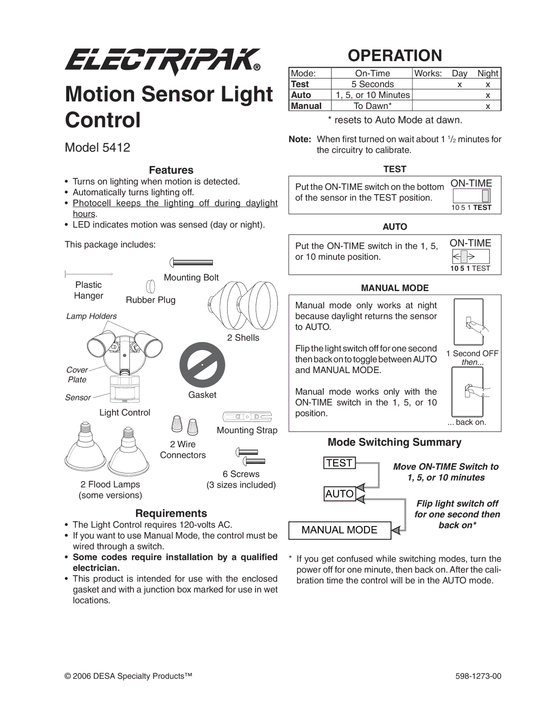 Desa 5412 manual Operation, Model, Features, Requirements, Resets to Auto Mode at dawn 