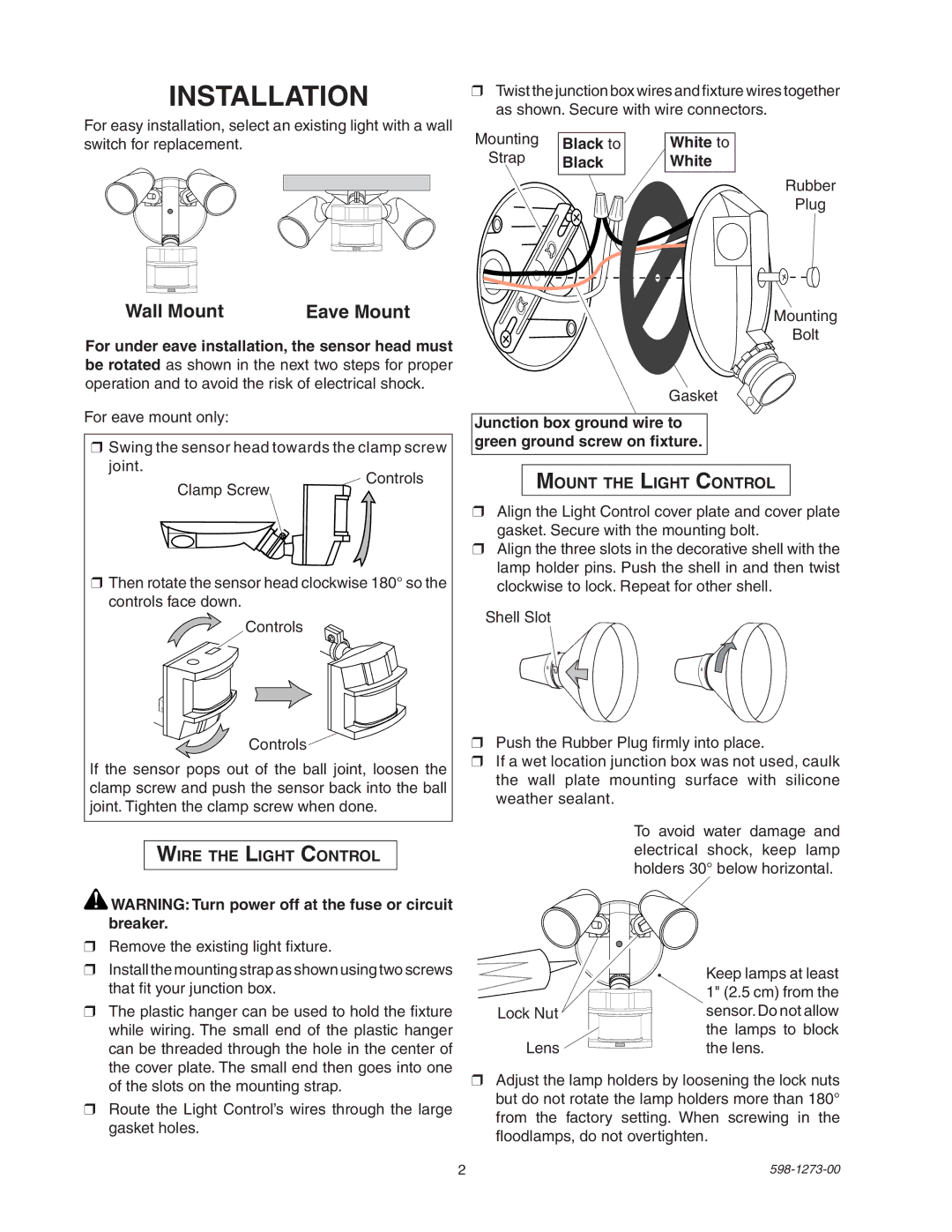 Desa 5412 manual Installation, Wall Mount Eave Mount, Mount the Light Control, Wire the Light Control 