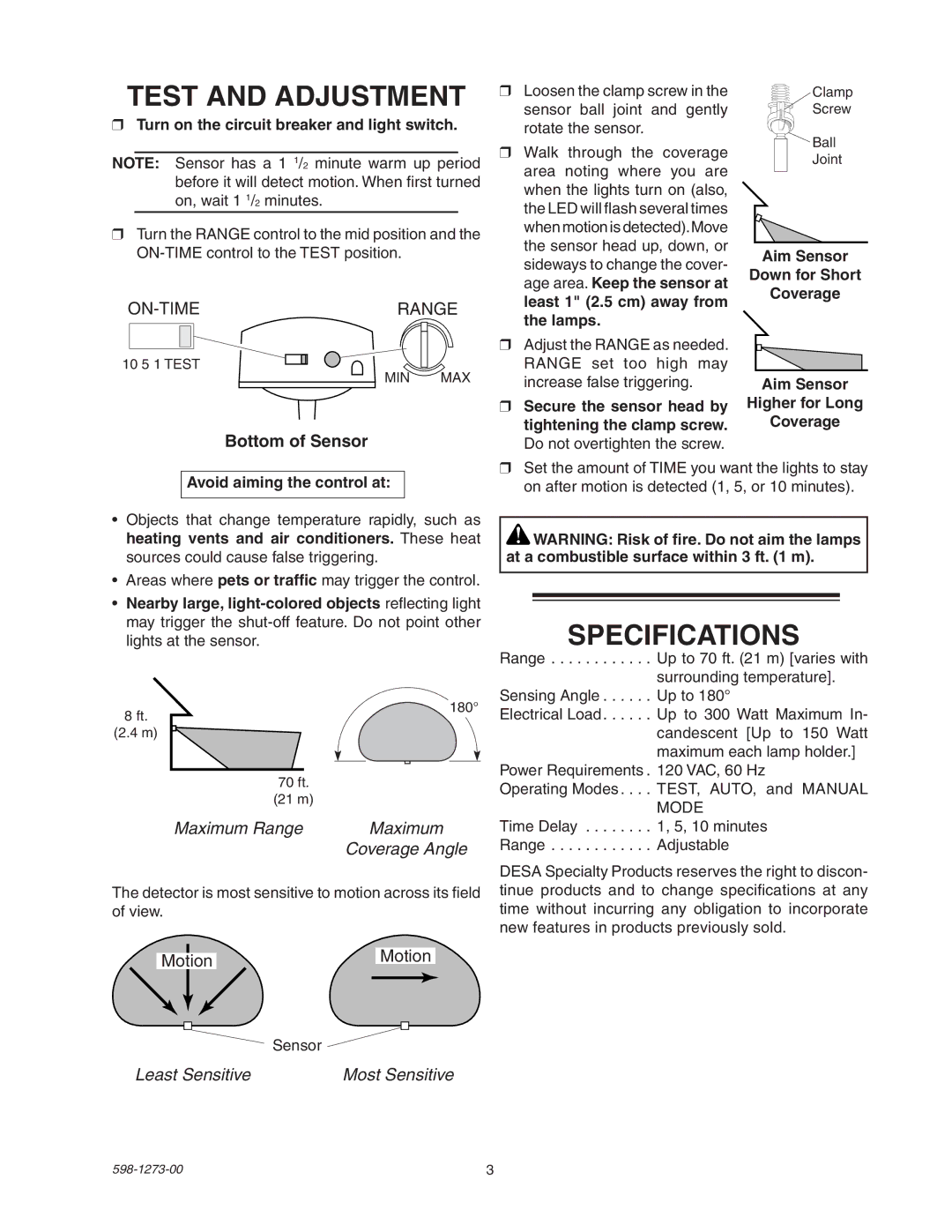 Desa 5412 manual Test and Adjustment, Specifications, Bottom of Sensor, Maximum Range, Least Sensitive 