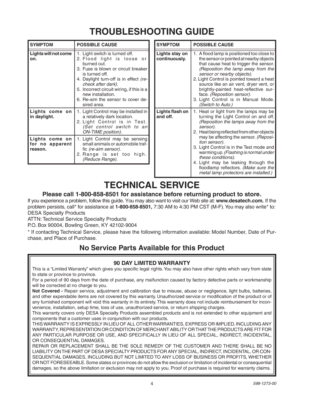 Desa 5412 Troubleshooting Guide, Technical Service, No Service Parts Available for this Product, Symptom Possible Cause 