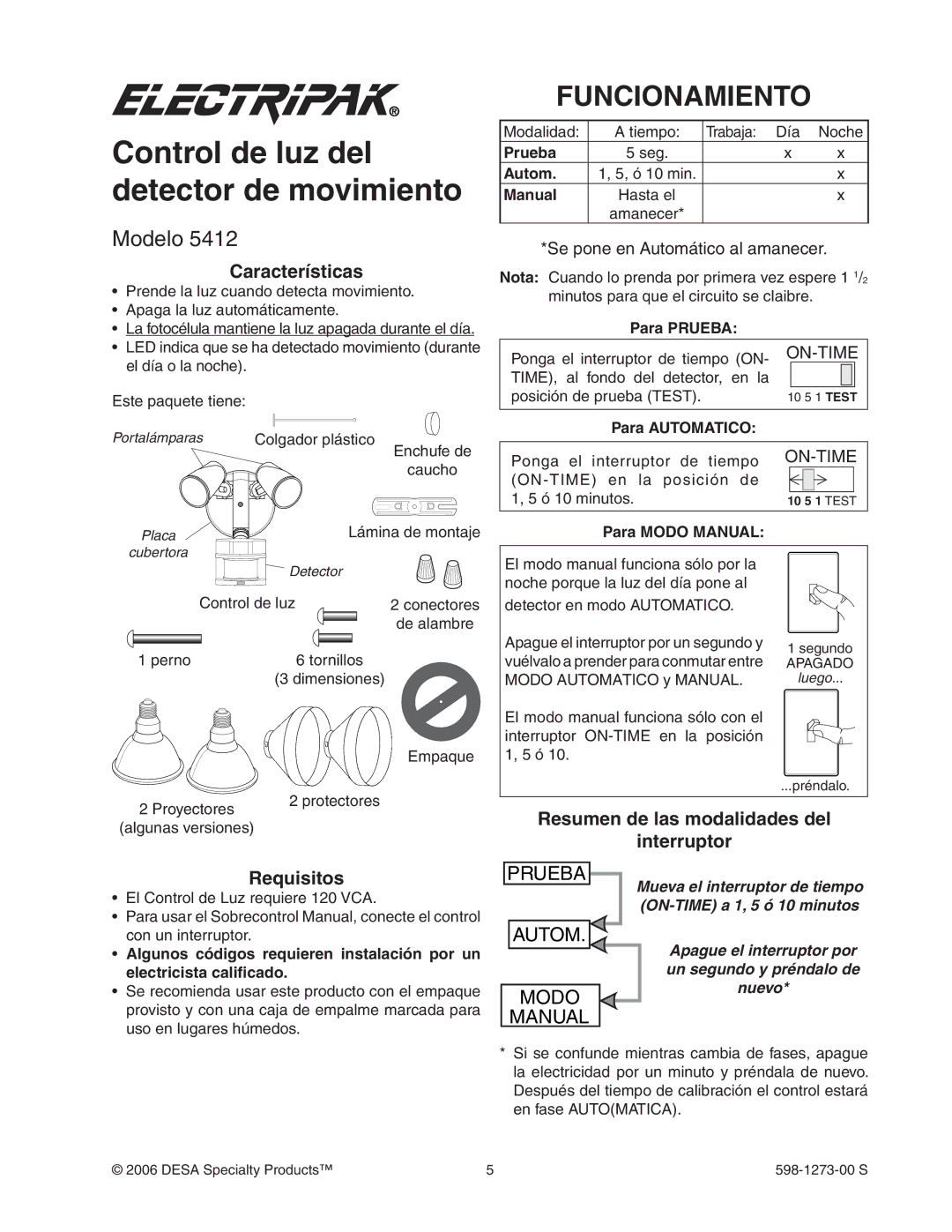 Desa 5412 manual Funcionamiento, Modelo, Características, Resumen de las modalidades del Requisitos, Interruptor 