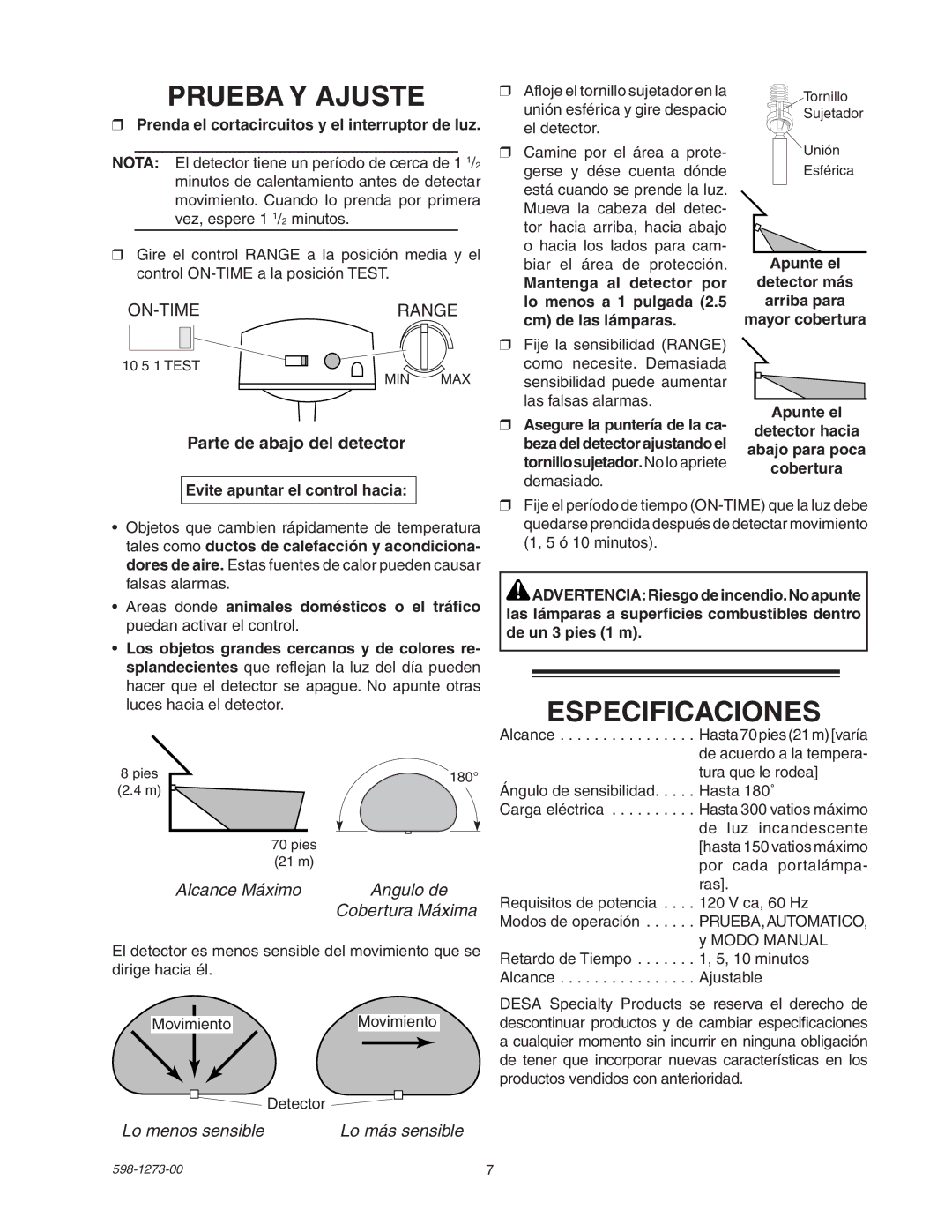 Desa 5412 manual Prueba Y Ajuste, Especificaciones, Parte de abajo del detector, Alcance Máximo Angulo de Cobertura Máxima 