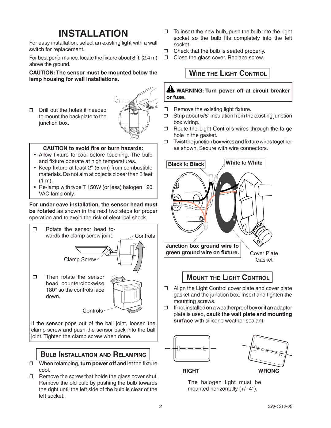 Desa 5511 manual Bulb Installation and Relamping, Wire the Light Control, Mount the Light Control, Rightwrong 