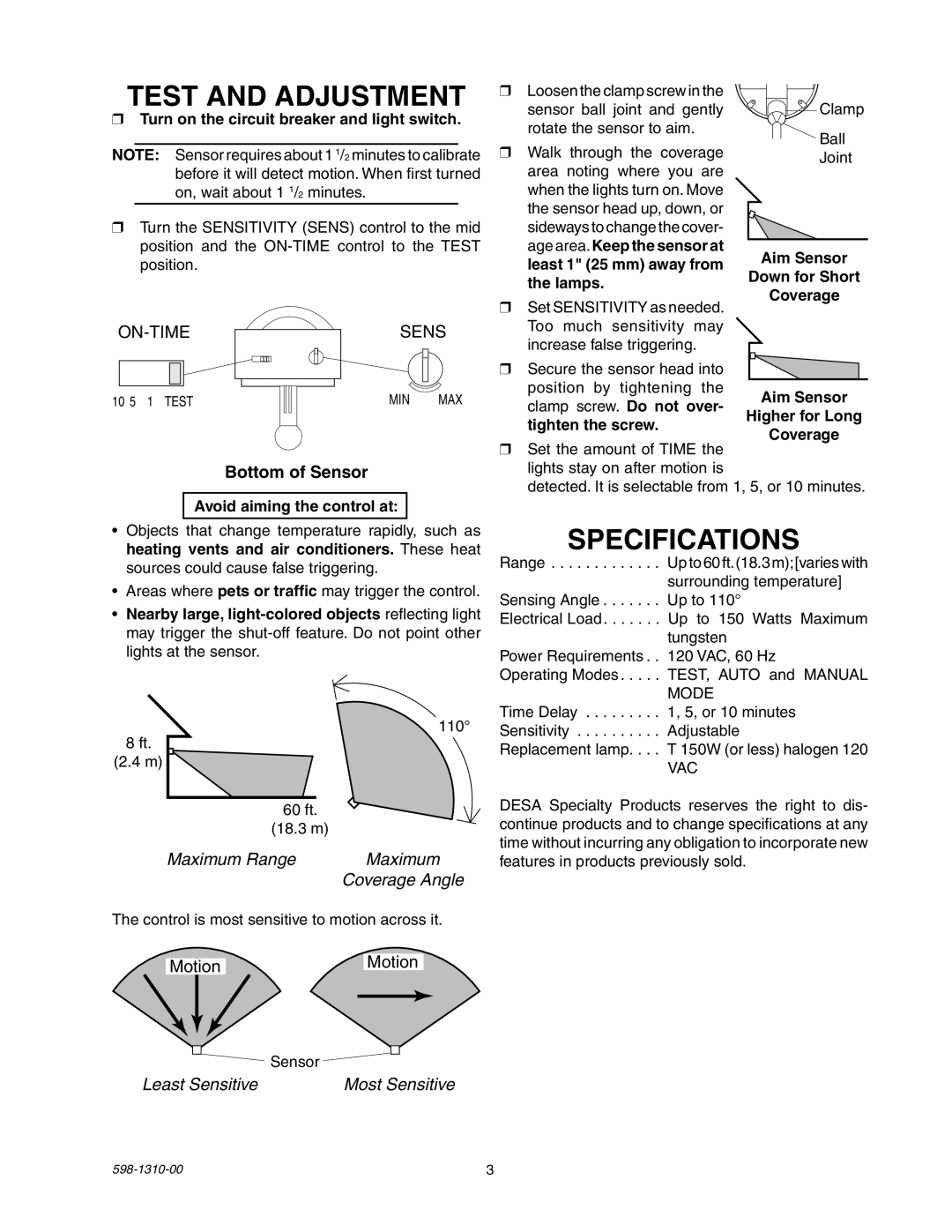 Desa 5511 manual Test and Adjustment, Specifications, Maximum Range, Least Sensitive 