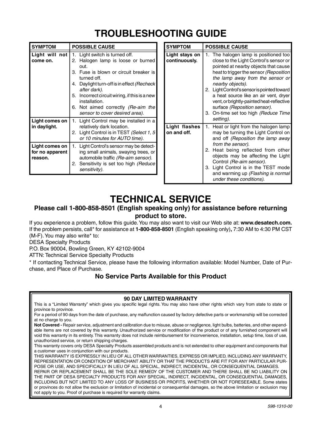 Desa 5511 Troubleshooting Guide, Technical Service, No Service Parts Available for this Product, DAY Limited Warranty 